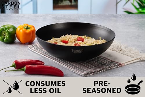 Sumeet Super Smooth Pre Seasoned Carbon Steel (Iron) Deep Tasra for Cooking and Deep Frying|Naturally Nonstick |29.6cm | 3500ml, Gas & Induction-Friendly, Black