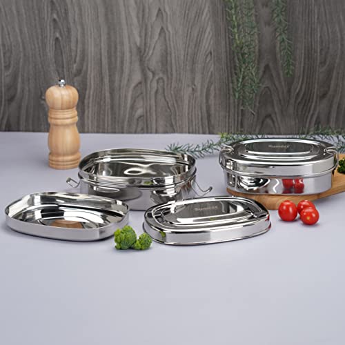 Sumeet Stainless Steel Rectangle Lunch Box/Tiffin with with 2 Compartments and Locking Clip,Set of 2 Pcs, 650ML & 1000ML, Ideal for 4 Person - Silver
