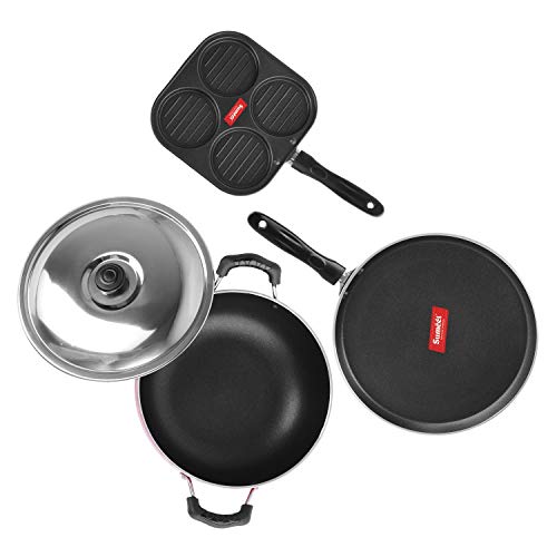 Sumeet 2.6mm Thick Non-Stick Red Blush Combo Set (Dosa Tawa – 26.5cm Dia + Multi Snack Maker – 26.5cm Dia + Kadhai with Lid – 1.5Ltr Capacity- 20cm Dia)