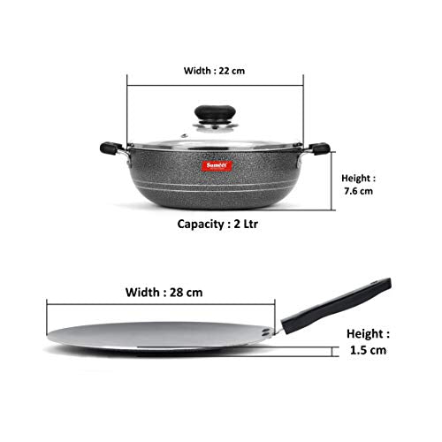 Sumeet NonStick Airgead Cookware Set (Kadhai with Glass Lid -2Ltr - 22Cm Dia + Conceve/Roti Tawa - 28Cm Dia)
