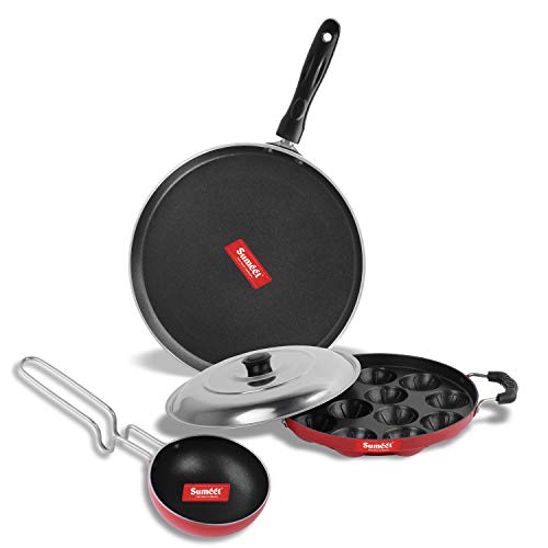 Sumeet 2.6mm Thick Non-Stick Roisin Combo Set (Dosa Tawa – 26.5cm Dia + Grill Appam Patra with Lid – 23cm Dia + Tadka Pan – 10cm Dia)
