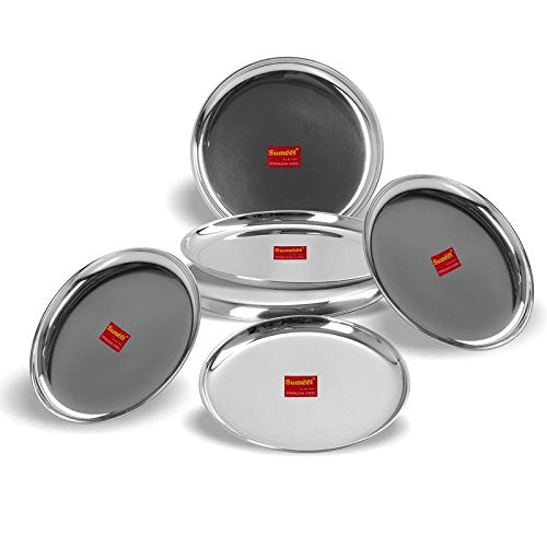 Sumeet Stainless Steel Heavy Gauge Shallow Dinner Plates with Mirror Finish Set of 3pc