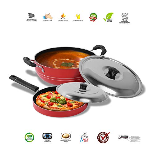 Sumeet 2.6mm Thick Non-Stick Sangria Cookware Set (Kadhai with Lid – 1.5Ltr Capacity- 20cm Dia + Pizza Pan – 23cm Dia)