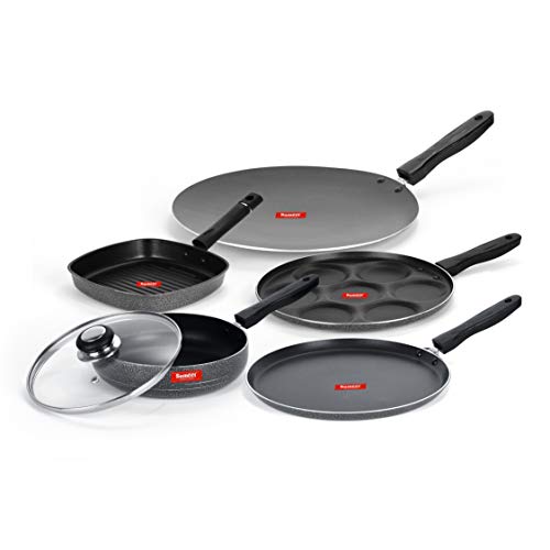 Sumeet NonStick Svart Cookware Set (Dosa Tawa - 26.5Cm Dia + Multi Snack Maker - 7 Cavity - 26.5Cm Dia + Conceve - 28Cm Dia + Grill Pan-22cm Dia + Frypan with Glass Lid - 1.5Ltr - 22Cm Dia)