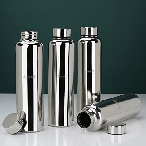 Sumeet Stainless Steel Jointless Akhand Leak-Proof Water Bottle / Fridge Bottle - 1000ML Set of 4, Silver