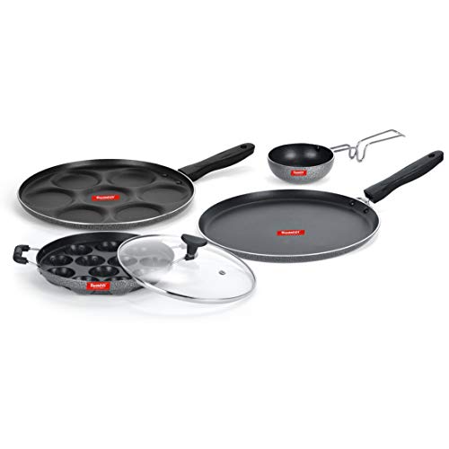 Sumeet NonStick Griseo Cookware Set (Dosa Tawa-26.5Cm Dia+Multi Snack Maker-7 Cavity-26.5Cm Dia+Grill Appam Patra with Glass Lid-12 Cavity-22cm Dia+Waghariya/Tadka pan-190Ml-10Cm Dia)