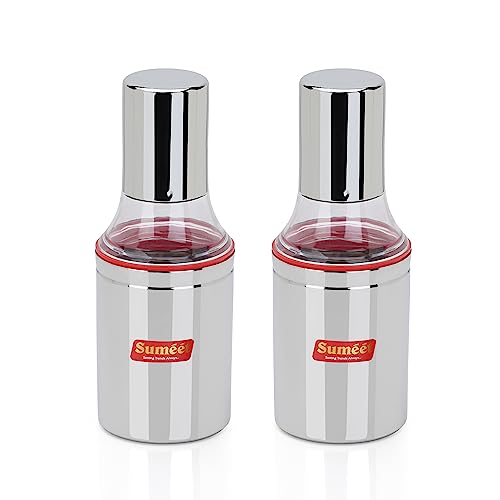 Sumeet Stainless Steel Nozzle Small Oil Dispenser |Oil Bottle | Oil Container | Oil Pourer | Vinegar Bottle | Olive Oil Bottle | Oil Can, 350ML, Pack of 2, Silver