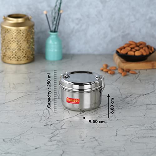 Sumeet Stainless Steel Meal Pack Lunch Box / Tiffin with Steel Separator Plate and Locking Clip, 250ML, 9.5cm Dia, Silver