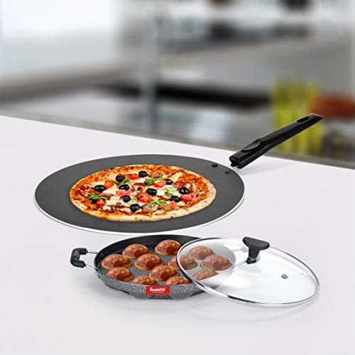 Sumeet NonStick Salapi Cookware Set (Flat Tawa - 30.5cm Dia + Grill Appam Patra with Glass Lid - 12 Cavity - 22cm Dia)