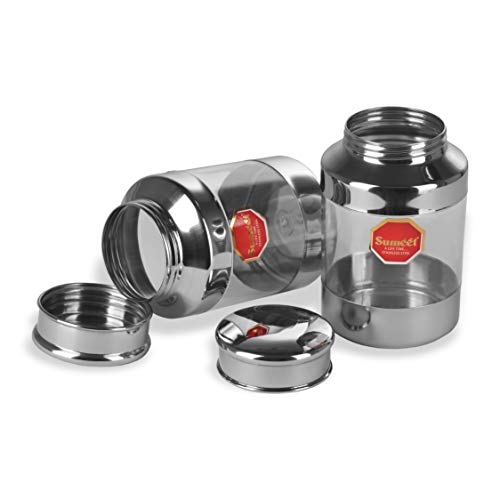 Sumeet Stainless Steel See Through Clear Container Jars Set of 2 Capacity - 600ML, Dia - 6 cm (Each)