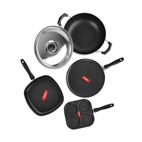 Sumeet 2.6mm Thick Non-Stick Catalan Cookware Set (Dosa Tawa – 26.5cm Dia + Mini Multi Snack Maker – 19.5cm Dia + Kadhai with Lid – 1.5Ltr Capacity- 20cm Dia + Grill Pan – 1.1Ltr Capacity – 22cm Dia)