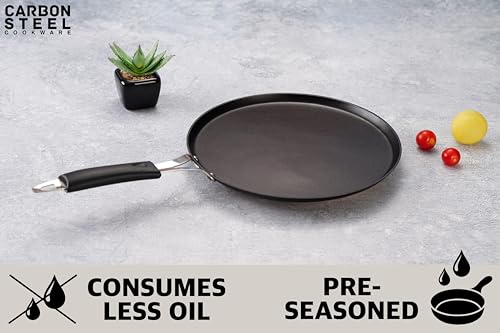 Sumeet Super Smooth Pre Seasoned Carbon Steel (Iron) Flat Tawa for Dosa, Uttappa, Chapati, Roti|Naturally Nonstick |26cm, Gas & Induction-Friendly, Black