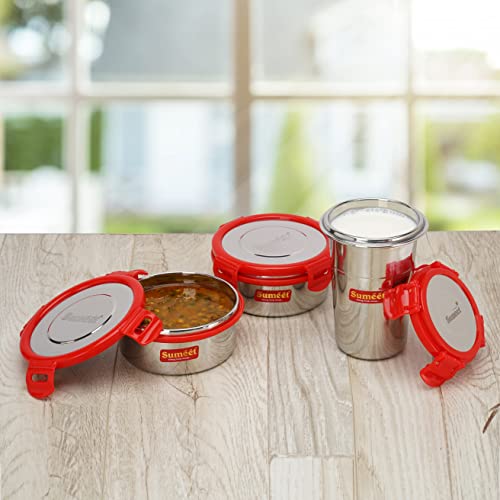 Sumeet Red Meal Statinless Steel Lunch Box Combo 2 Container (350Ml), 1 Tumbler (400Ml)