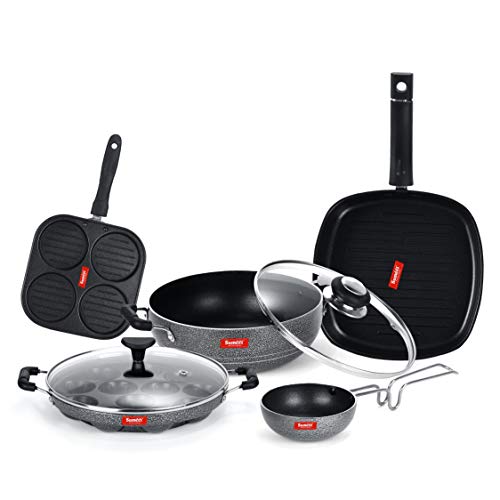 Sumeet NonStick Negro Cookware Set (Mini Multi Snack Maker-19.5cm+Grill Appam Patra with Glass Lid-22cm Dia+Kadhai with Glass Lid-22Cm Dia+Grill Pan-22cm Dia+Waghariya/Tadka pan-10Cm Dia)
