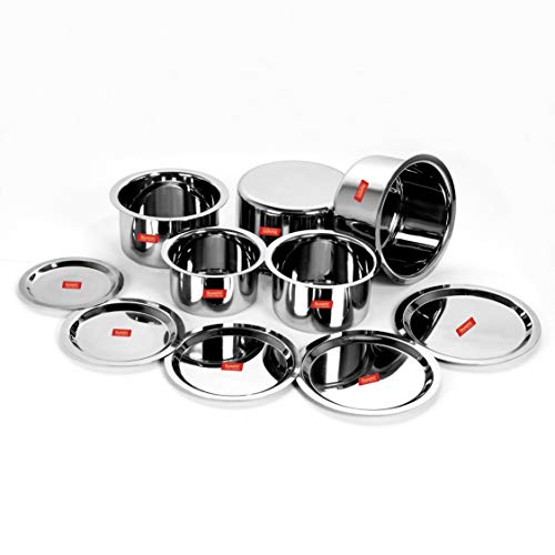 Sumeet Stainless Steel Cookware Set With Lid, 1 L, 1.4 L, 1.8 L, 2.3 L, 3 L, 5 Piece (White)