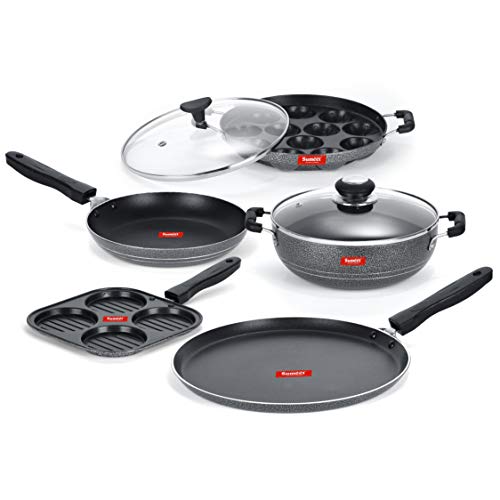 Sumeet NonStick Juodas Cookware Set(Dosa Tawa-26.5Cm Dia+Mini Multi Snack Maker-19.5cm+Kadhai with Glass Lid-22Cm Dia+Grill Appam Patra with Glass Lid-22cm Dia+Tapper pan-20Cm Dia)
