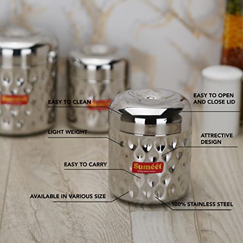 Sumeet Stainless Steel Vertical Utility Canisters/Ubha Dabba/Storage Containers with Design Set of 3pcs (350ml, 500ml,700ml), Silver