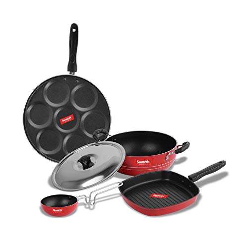 Sumeet 2.6mm Thick Non-Stick Roux Cookware Set (Multi Snack Maker – 26.5cm Dia + Kadhai with Lid – 1.5Ltr Capacity- 20cm Dia + Grill Pan – 1.1Ltr Capacity – 22cm Dia + Tadka Pan – 10cm Dia)