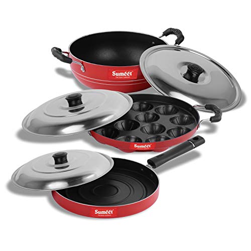 Sumeet 2.6mm Thick Non-Stick Kura Combo Set (Kadhai with Lid – 1.5Ltr Capacity- 20cm Dia + Grill Appam Patra with Lid – 23cm Dia + Pizza Pan – 23cm Dia)