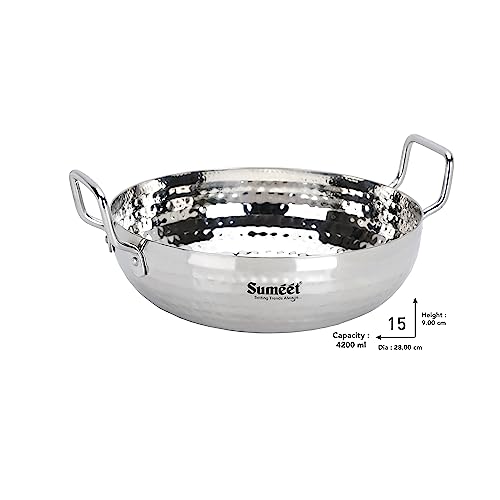 Sumeet Stainless Steel Handcrafted Hammered Mathar Kadai for Kitchen, Big Size, 4200ML, 28cm Dia, Pack of 1, Silver