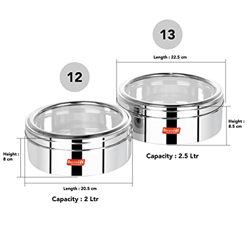Sumeet Stainless Steel Flat Canisters/Puri Dabba/Storage Containers With See Through Lid Set of 2Pcs (2Ltr, 2.5Ltr)