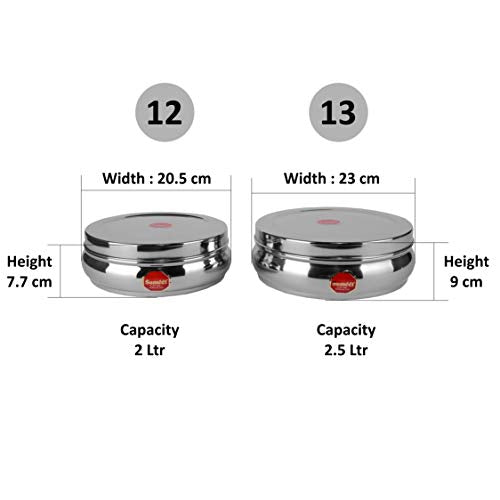 Sumeet Stainless Steel Belly Shape Flat Canisters/Puri Dabba Size - No. 12 (2 LTR - 20.5cm Dia) & No. 13 (2.5Ltr - 23Cm Dia)
