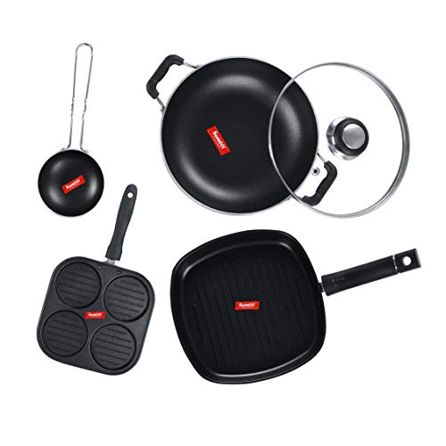 Sumeet NonStick Fekete Cookware Set (Mini Multi Snack Maker - 4 Cavity -19.5cm + Kadhai with Glass Lid -2Ltr - 22Cm Dia + Grill Pan-22cm Dia + Waghariya/Tadka pan - 190Ml - 10Cm Dia)