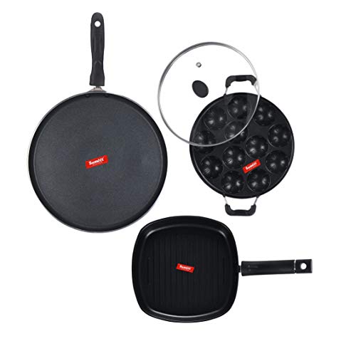 Sumeet NonStick Harmaa Cookware Set (Dosa Tawa - 26.5Cm Dia + Grill Appam Patra with Glass Lid - 12 Cavity - 22cm Dia + Grill Pan-22cm Dia)