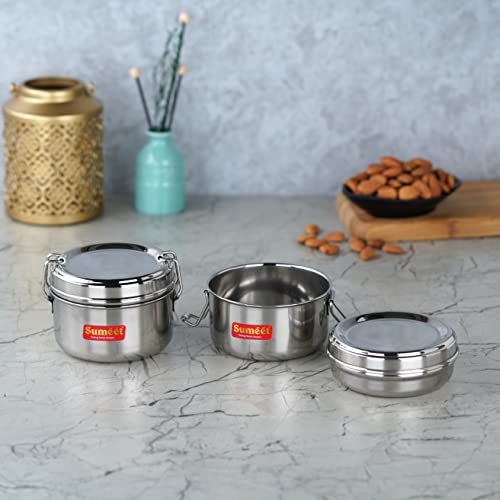 Sumeet Stainless Steel Meal Pack Lunch Box / Tiffin with Steel Separator Plate and Locking Clip, Set of 2Pc, 250ML Each, 9.5cm Dia, Silver