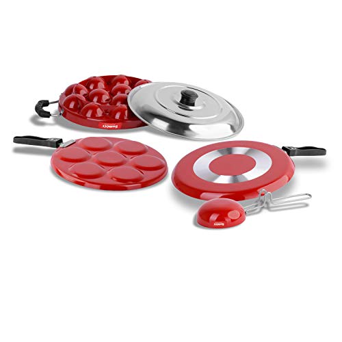 Sumeet 2.6mm Thick Non-Stick Rouge Cookware Set (Dosa Tawa – 26.5cm Dia + Multi Snack Maker – 26.5cm Dia + Grill Appam Patra with Lid – 23cm Dia + Tadka Pan – 10cm Dia)