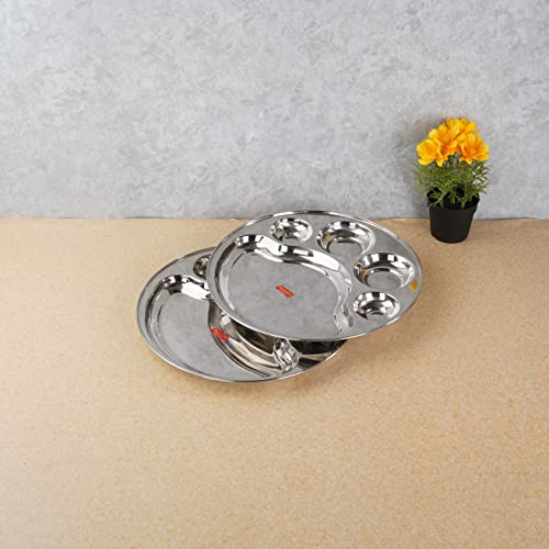 Sumeet Stainless Steel Round 5 in 1 Compartment Lunch / Dinner Plate Set of 2Pcs, 31cm Dia, Silver