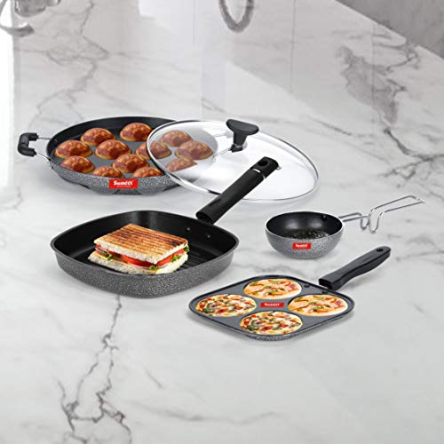 Sumeet NonStick Must Cookware Set (Mini Multi Snack Maker - 4 Cavity -19.5cm + Grill Appam Patra with Glass Lid - 12 Cavity - 22cm Dia + Grill Pan-22cm Dia + Waghariya/Tadka pan - 190Ml - 10Cm Dia)