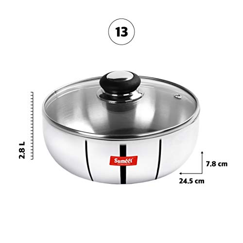 Sumeet 3mm Induction Bottom Aluminium Tasra with Glass Lid (2.8Ltr, 24.5cm)