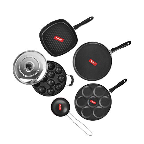 Sumeet 2.6mm Thick Non-Stick Pula Cookware Set (Dosa Tawa – 26.5cm Dia + Multi Snack Maker – 26.5cm Dia + Grill Appam Patra with Lid – 23cm Dia + Grill Pan – 1.1Ltr + Tadka Pan – 10cm Dia)
