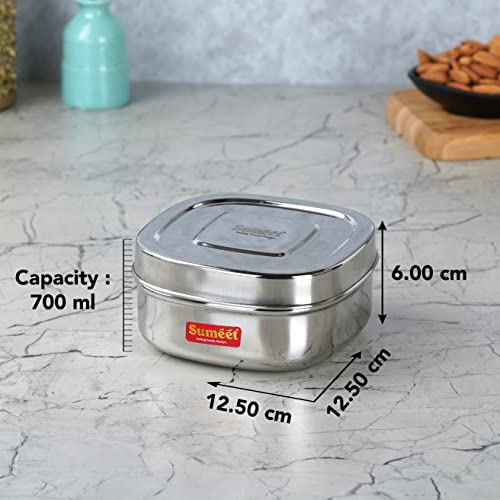 Sumeet Stainless Steel Square Storage containers Box/Dabba for Kitchen, Set of 3Pcs, 700ml, 12.5cm Dia, Silver