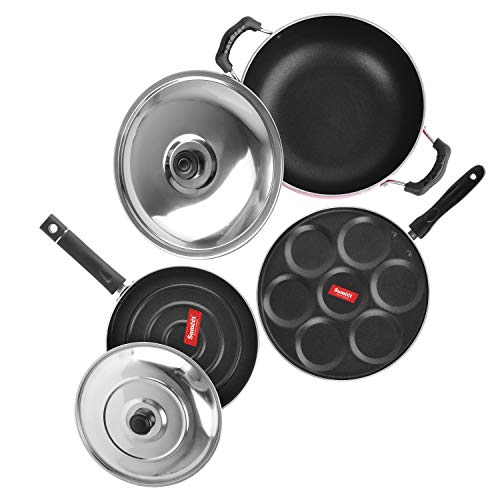 Sumeet 2.6mm Thick Non-Stick Amber Combo Set (Multi Snack Maker – 26.5cm Dia + Kadhai with Lid – 1.5Ltr Capacity- 20cm Dia + Pizza Pan – 23cm Dia)