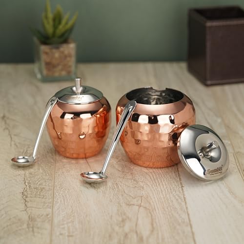 Sumeet Stainless Steel Copper Coated Handcrafted Hammered Ghee and Oil Pot, Storage Container with Spoon for Kitchen and Pooja, 7.5cm & 9cm Dia, 220ml & 320ML - Silver (Pack of 2)