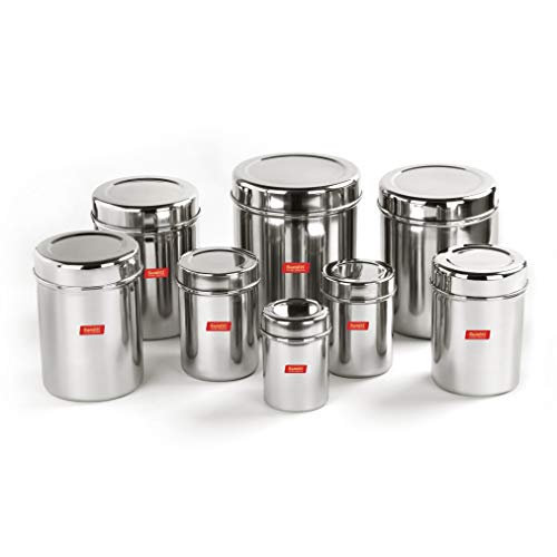 Sumeet Stainless Steel Vertical Canisters/Ubha Dabba/Storage Containers Set of 8Pcs (350ML, 500ML, 700ML, 900ML, 1.25Ltr, 1.6Ltr, 2.2Ltr, 2.9Ltr)