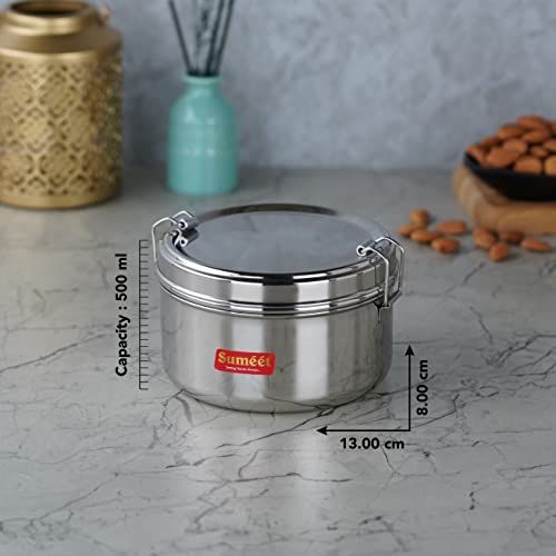 Sumeet Stainless Steel Meal Pack Lunch Box / Tiffin with Steel Separator Plate and Locking Clip, 500ML, 13cm Dia, Silver