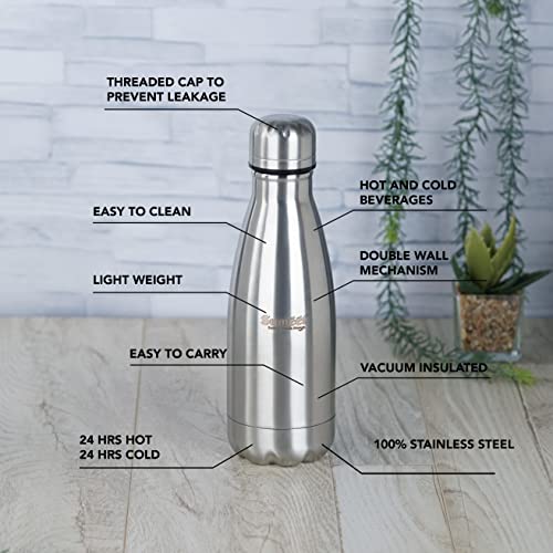Sumeet Stainless Steel Double Walled Flask / Water Bottle, 24 Hours Hot and Cold, 400 ml, Silver - Set of 2 Pcs