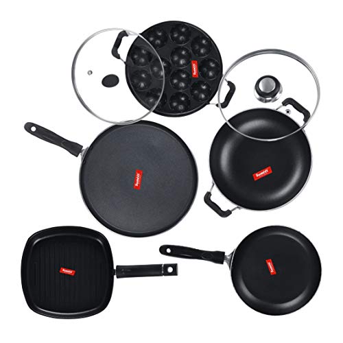 Sumeet NonStick Preto Cookware Set (Dosa Tawa-26.5Cm Dia+Kadhai with Glass Lid-2Ltr-22Cm Dia+Grill Appam Patra with Glass Lid-12 Cavity-22cm Dia+Grill Pan-22cm Dia+Tapper pan-0.6Ltr-20Cm Dia)