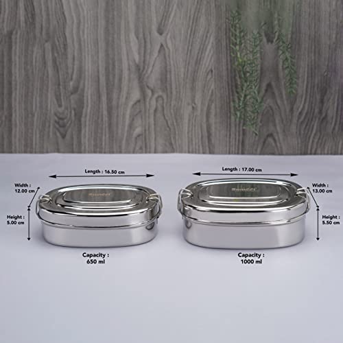 Sumeet Stainless Steel Rectangle Lunch Box/Tiffin with with 2 Compartments and Locking Clip,Set of 2 Pcs, 650ML & 1000ML, Ideal for 4 Person - Silver