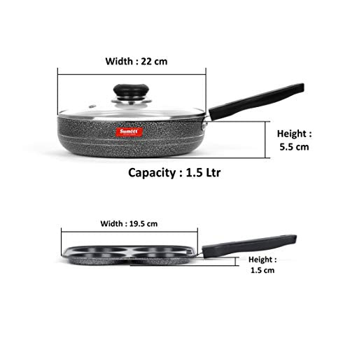 Sumeet NonStick Silfur Cookware Set (Frypan with Glass Lid - 1.5Ltr - 22Cm Dia + Mini Multi Snack Maker - 4 Cavity -19.5cm)