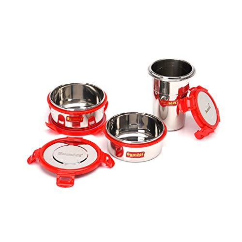 Sumeet Red Meal Statinless Steel Lunch Box Combo 2 Container (350Ml), 1 Tumbler (400Ml)