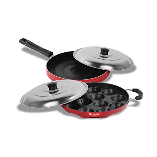 Sumeet 2.6mm Thick Non-Stick Red Indian Cookware Set (Grill Appam Patra with Lid – 23cm Dia + Pizza Pan – 23cm Dia)