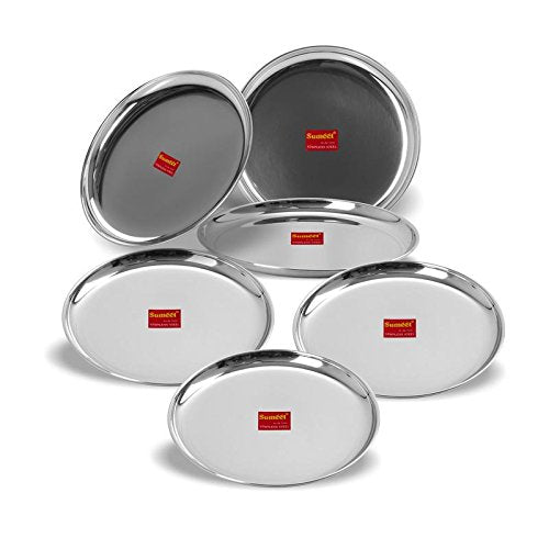 Sumeet Stainless Steel Heavy Gauge Shallow Dinner Plates with Mirror Finish Set of 3pc