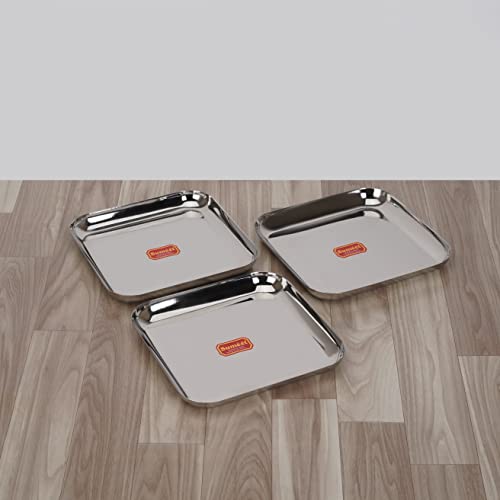 Sumeet Stainless Steel Medium Square Shape Plate/Snacks Plate/Breakfast Plate Set of 3pcs, 22.5cm Dia, Silver