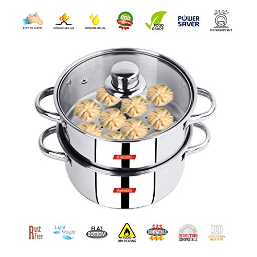 Sumeet Stainless Steel Induction Bottom (Encapsulated Bottom) Induction & Gas Stove Friendly 2 Tier Multi Purpose Steamer/MOMO - Modak Maker with Glass Lid, 21.8Cm
