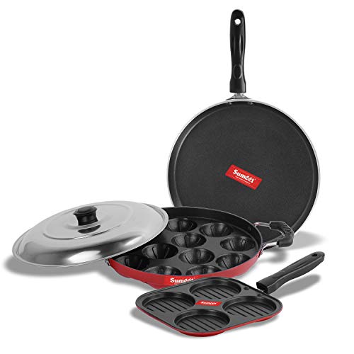 Sumeet 2.6mm Thick Non-Stick Get Red Combo Set (Dosa Tawa – 26.5cm Dia + Multi Snack Maker – 26.5cm Dia + Grill Appam Patra with Lid – 23cm Dia)