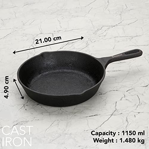 Sumeet Pre Seasoned Heavy Weight Cast Iron Frying Pan / Skillet, Induction Friendly, 21cm, Weight - 1.480Kg, Black